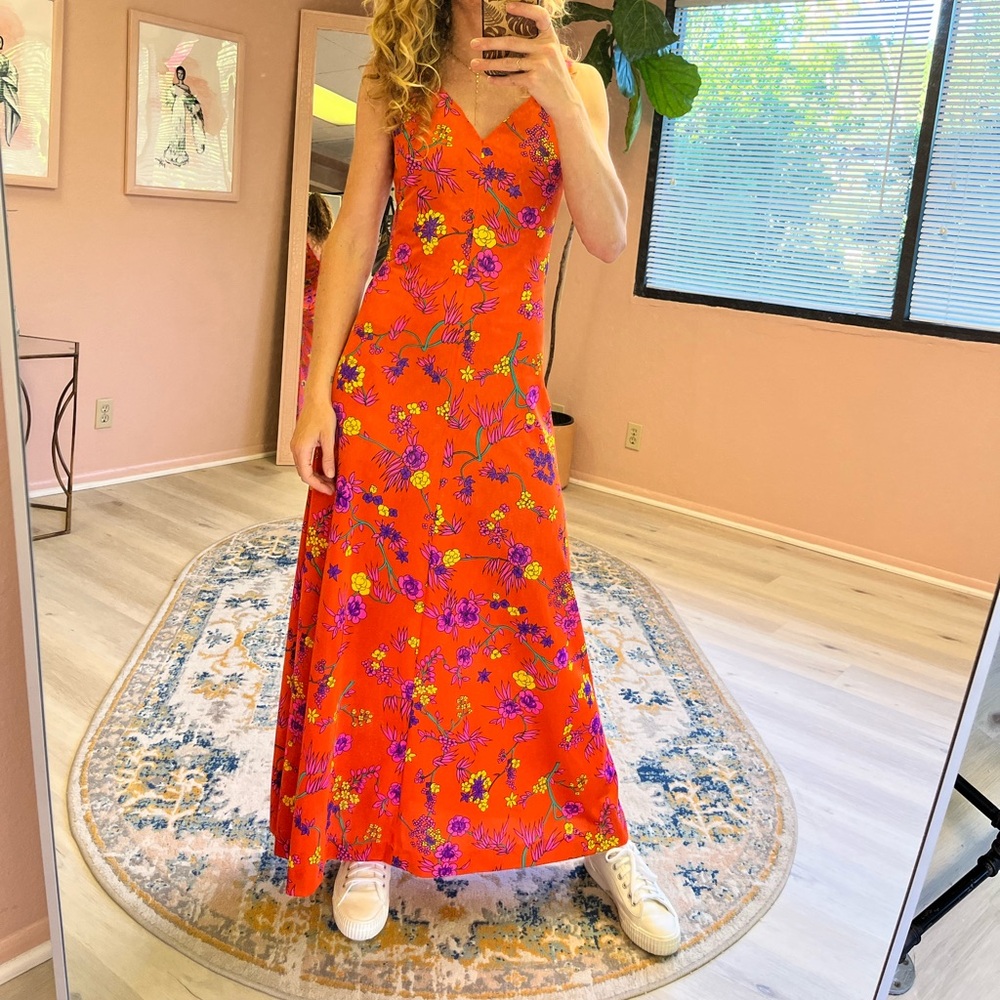 Vintage 70s Floral Maxi Dress in Orange and Purple
